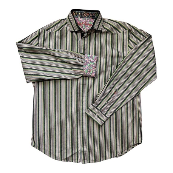 ROBERT GRAHAM Button Up LS Shirt sz XL Gray & Multicolor Stripe Floral Cuff/Trim - Picture 2 of 12